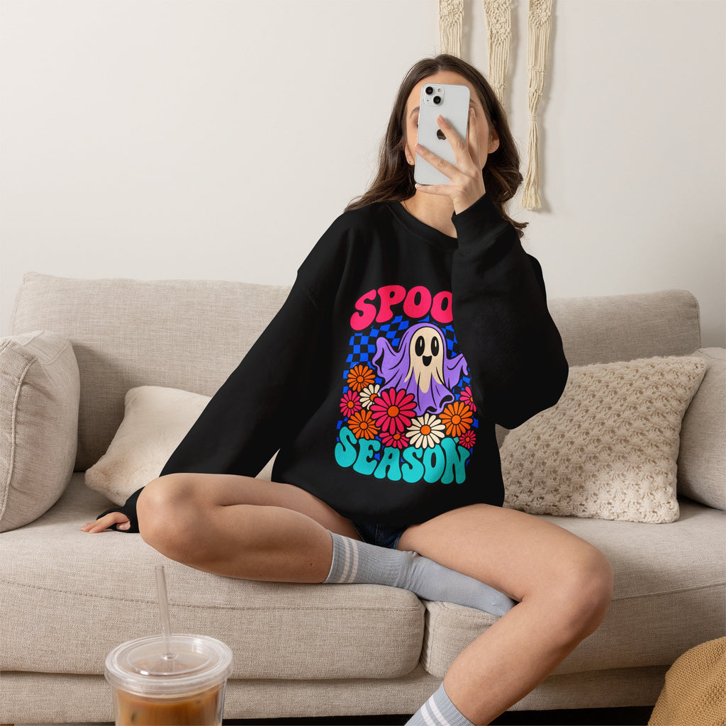 Spooky Season ghost floral Sweatshirt, Cute Ghost Halloween Gift, Colorful Floral Ghost Graphic Tee, Spooky Season Lover Gift