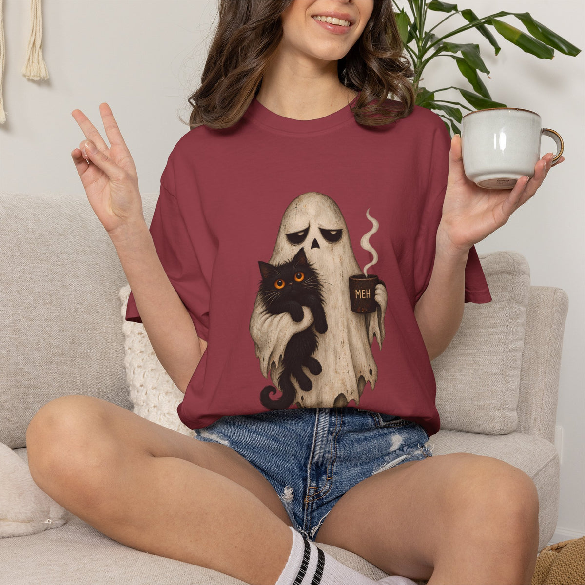 Comfort Colors® Meh Ghost Cat Coffee T-Shirt, Funny Halloween Cat Lover Gift, Sarcastic Spooky Coffee Gift, Grumpy Ghost Graphic Tee
