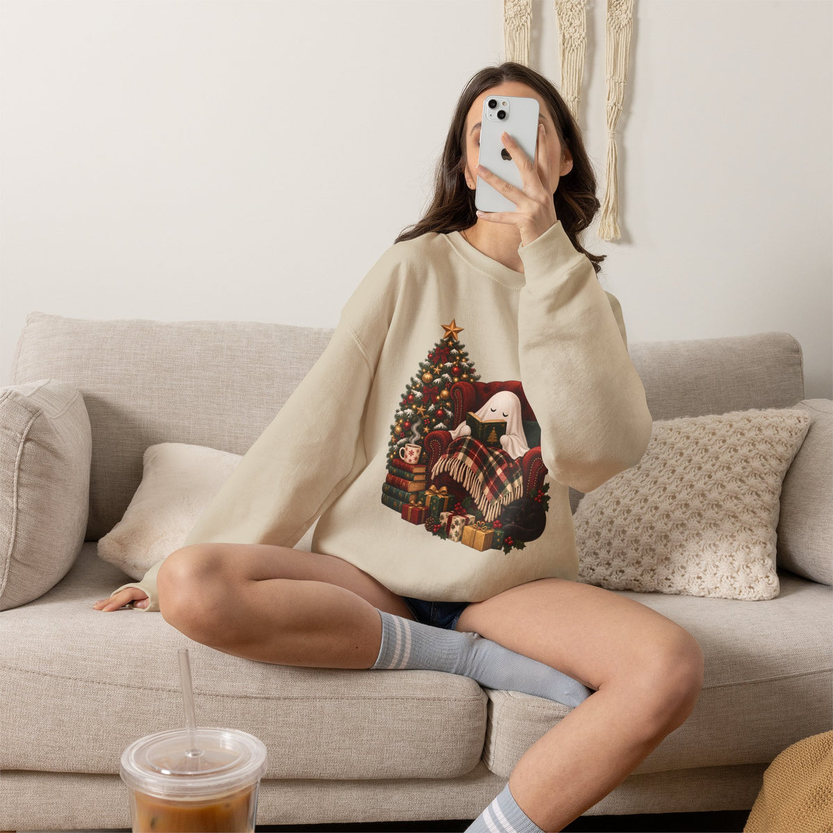 Cozy Christmas Ghost Sweatshirt, Book Lover Holiday Gift, Spooky Christmas Reading Graphic Sweatshirt, Cute Ghostmas Bookish Gift