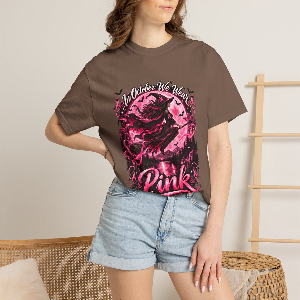 Comfort Colors® In October We Wear Pink T-Shirt, Breast Cancer Awareness Witch Gift, Pink Ribbon Halloween, Spooky Survivor Support Shirt
