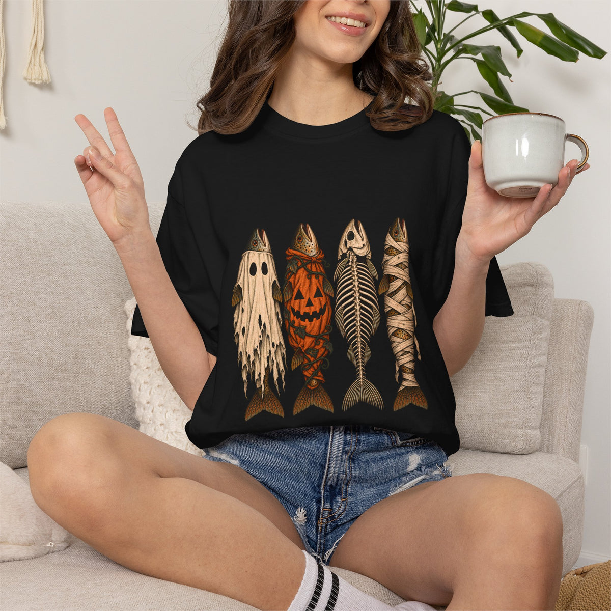 Comfort Colors® Halloween Fish T-Shirt, Spooky Fisherman Gift, Ghost Pumpkin Skeleton Fish Gift, Vintage Fishing Lover Graphic Tee