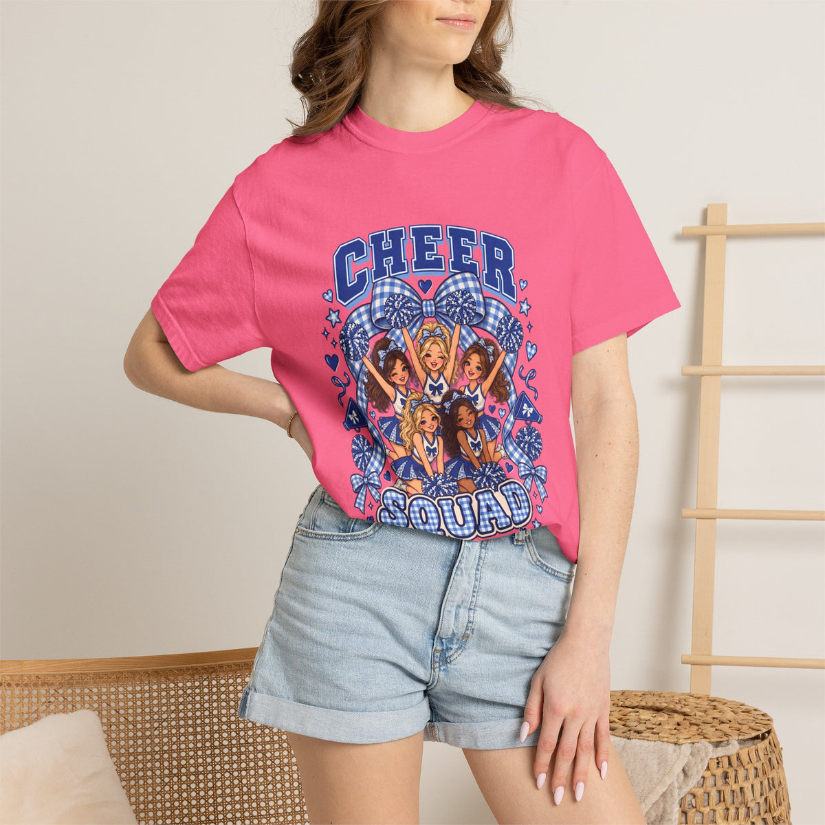 Comfort Colors® Cheer Squad T-Shirt, Blue Gingham Cheerleader Gift, Cheer Team Spirit Graphic Tee, Cute Cheerleading Girls Coach Gift