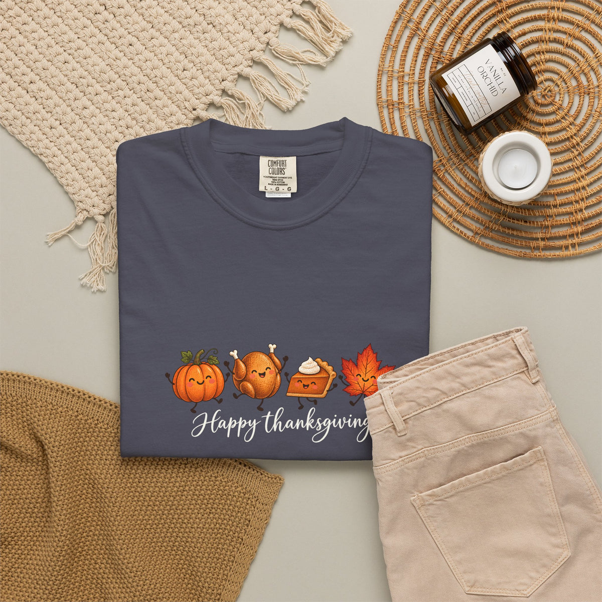 Comfort Colors® Happy Thanksgiving T-Shirt, Cute Turkey Pumpkin Lover Gift, Kawaii Fall Food Gift, Autumn Family Dinner Graphic Tee