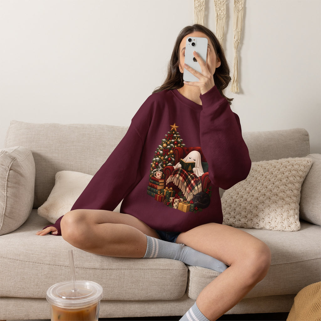 Sweat-shirt de Noël confortable avec fantôme, cadeau de fêtes pour amateur de livres, sweat-shirt graphique de lecture de Noël effrayant, joli cadeau sur le thème du livre « Ghostmas »
