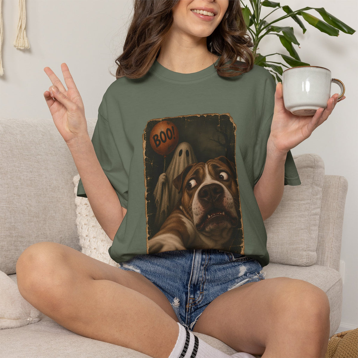 Comfort Colors® Boo Ghost Dog T-Shirt, Funny Halloween Bulldog Lover Gift, Scared Dog Spooky Season Gift, Vintage Pet Selfie Graphic Tee