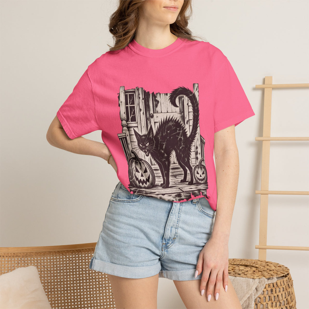 Comfort Colors® Vintage Black Cat Halloween T-Shirt, Spooky Cat Lover Gift, Retro Jack O Lantern Graphic Tee, Gothic Halloween Kitty Gift
