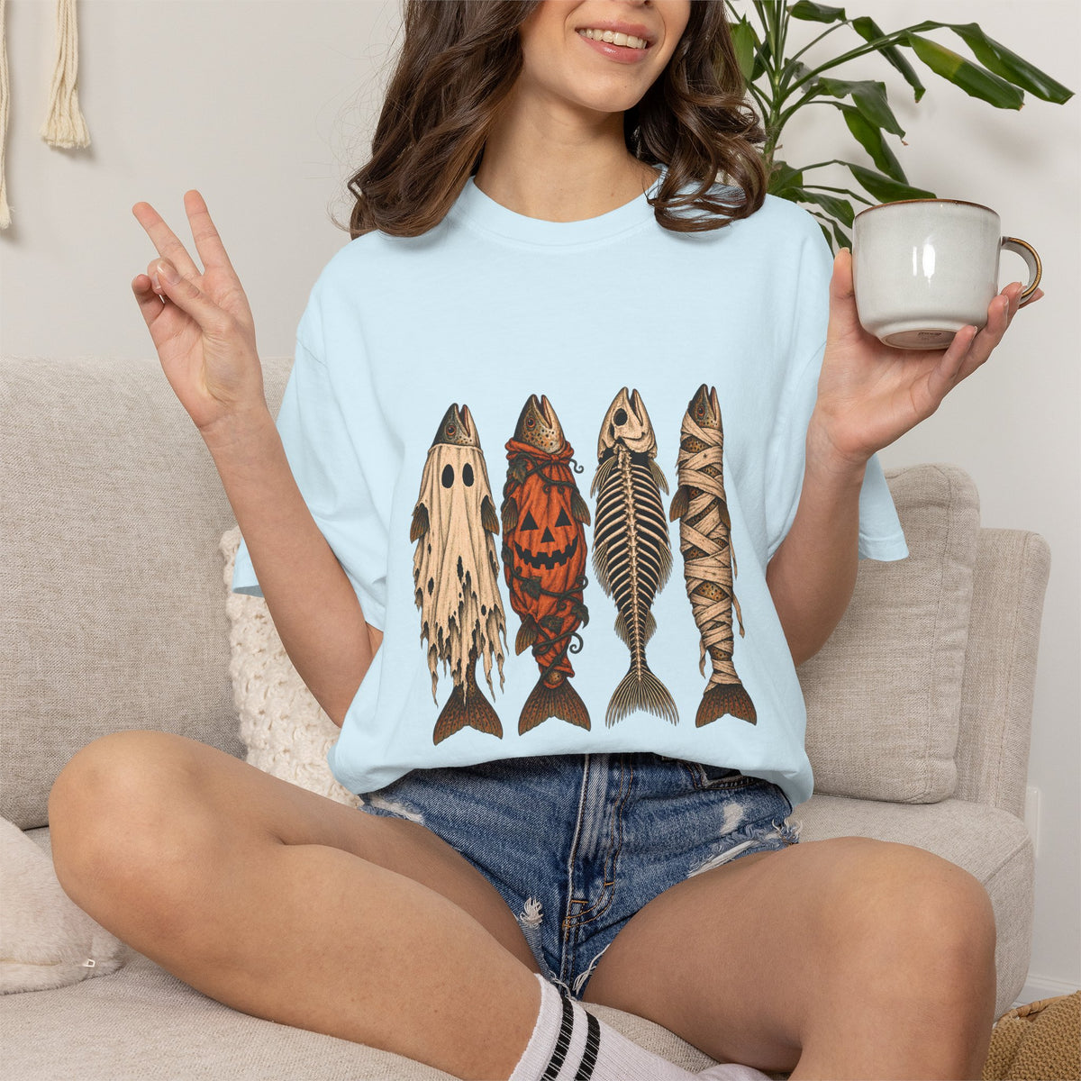 Comfort Colors® Halloween Fish T-Shirt, Spooky Fisherman Gift, Ghost Pumpkin Skeleton Fish Gift, Vintage Fishing Lover Graphic Tee