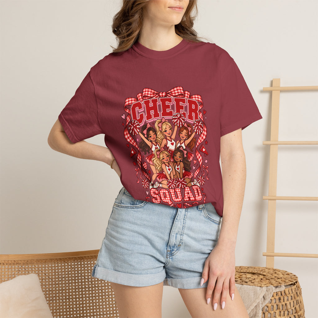 Comfort Colors® Cheer Squad T-Shirt, Red Gingham Bow Cheerleader Gift, Cute Cheer Team Spirit Graphic Tee, Cheerleading Girls Coach Gift