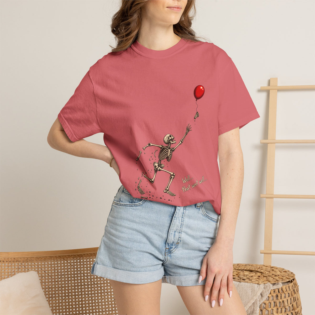 Comfort Colors® Well That Went Well T-Shirt, Funny Skeleton Halloween Gift, Red Balloon Dark Humor Gift, Vintage Spooky Skeleton Graphic Tee
