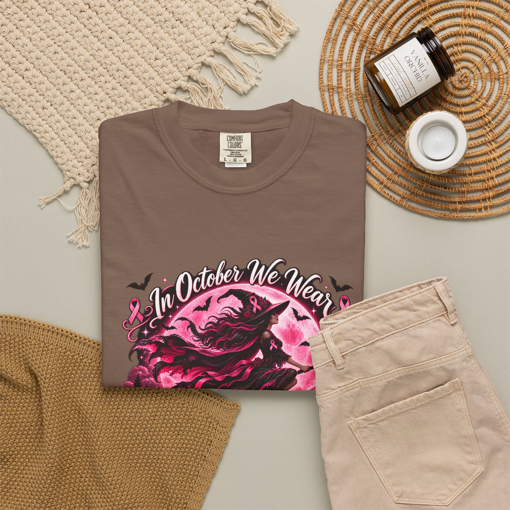 Comfort Colors® In October We Wear Pink T-Shirt, Breast Cancer Awareness Witch Gift, Pink Ribbon Halloween, Spooky Survivor Support Shirt