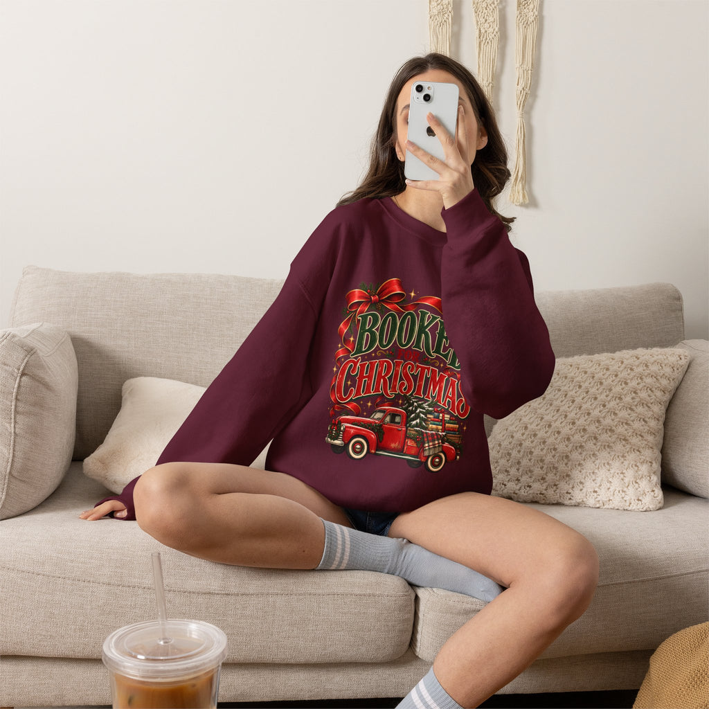Booked for Christmas Sweatshirt, Book Lover Holiday Gift, Vintage Christmas Truck Graphic Sweatshirt, Cozy Reader Christmas Gift for Her