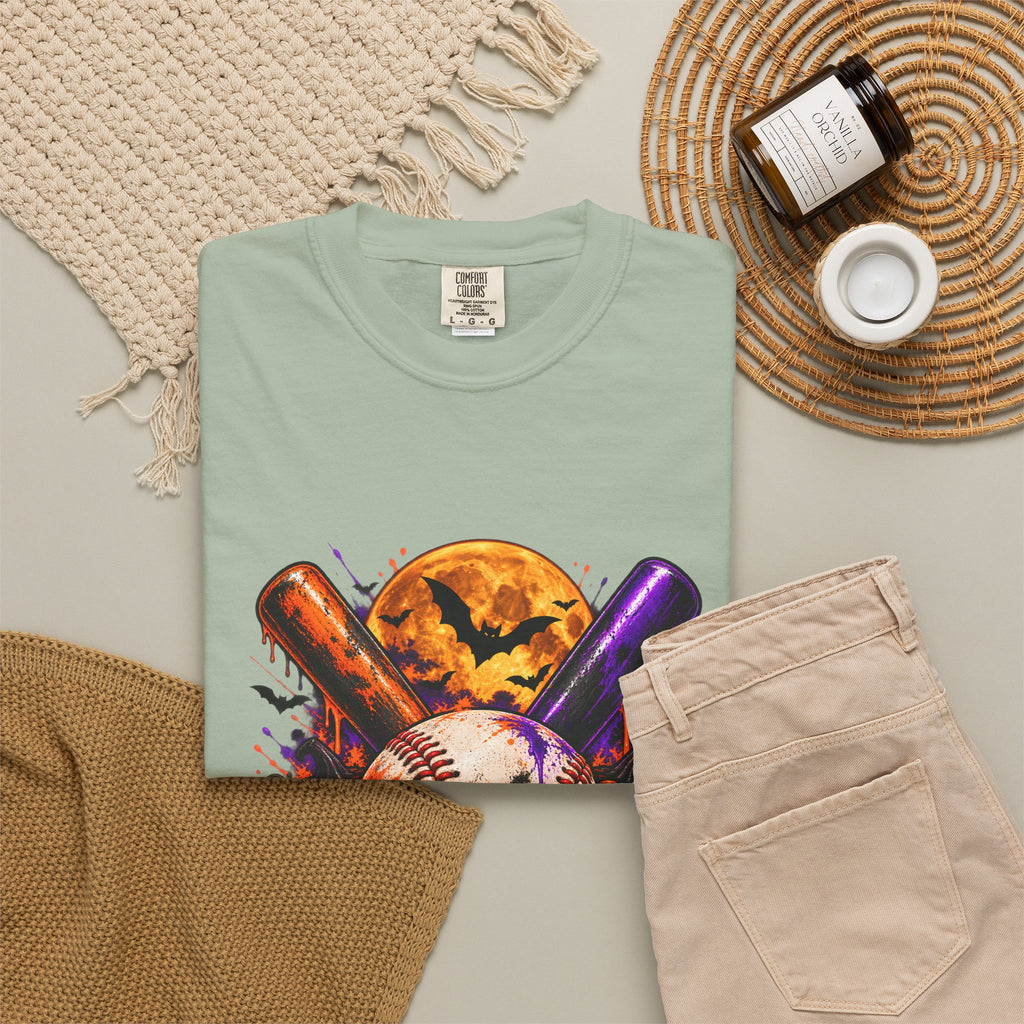 T-shirt de baseball Halloween Comfort Colors®, cadeau de joueur de baseball effrayant, t-shirt graphique pour amateur de baseball citrouille, t-shirt de fan de sport pour Halloween