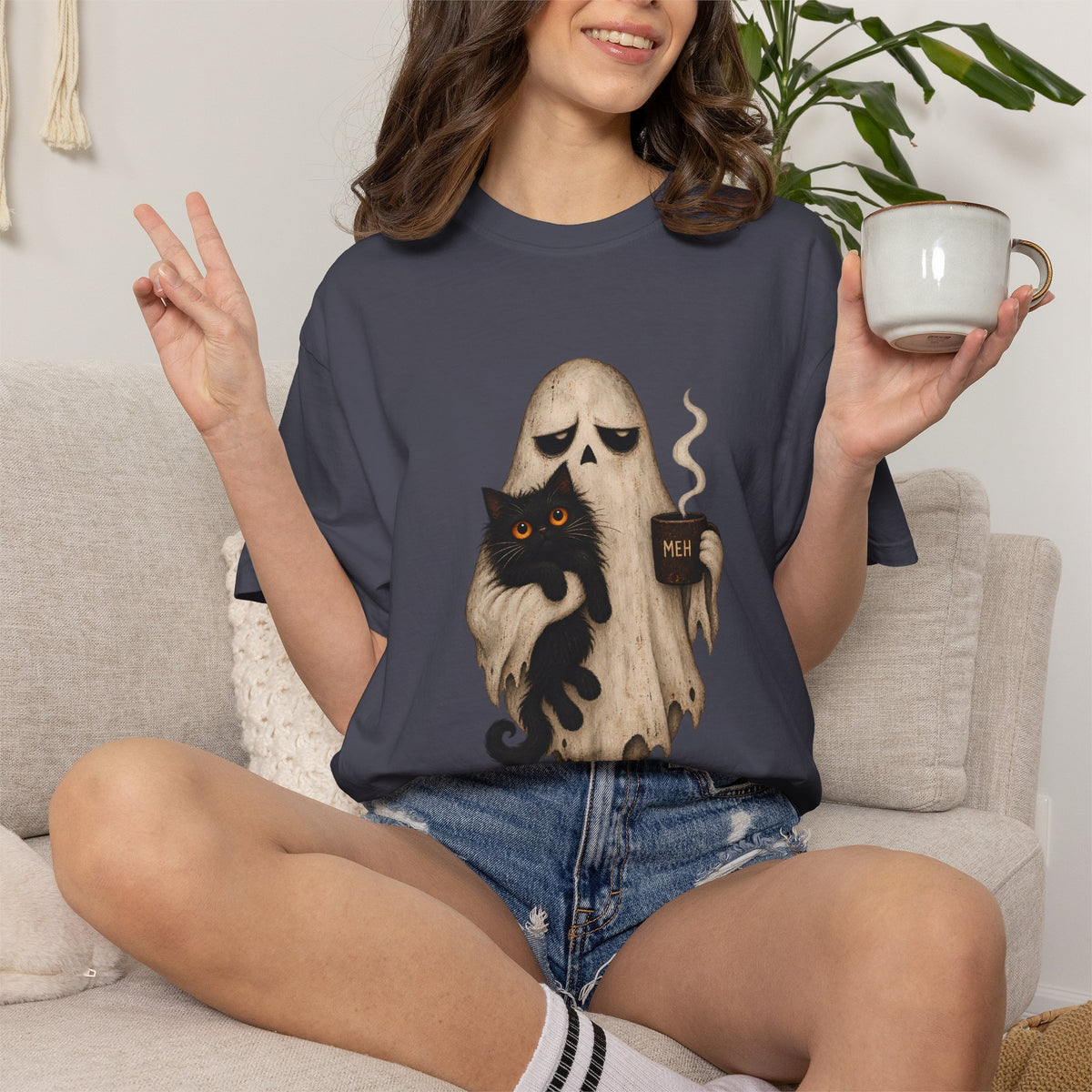 Comfort Colors® Meh Ghost Cat Coffee T-Shirt, Funny Halloween Cat Lover Gift, Sarcastic Spooky Coffee Gift, Grumpy Ghost Graphic Tee