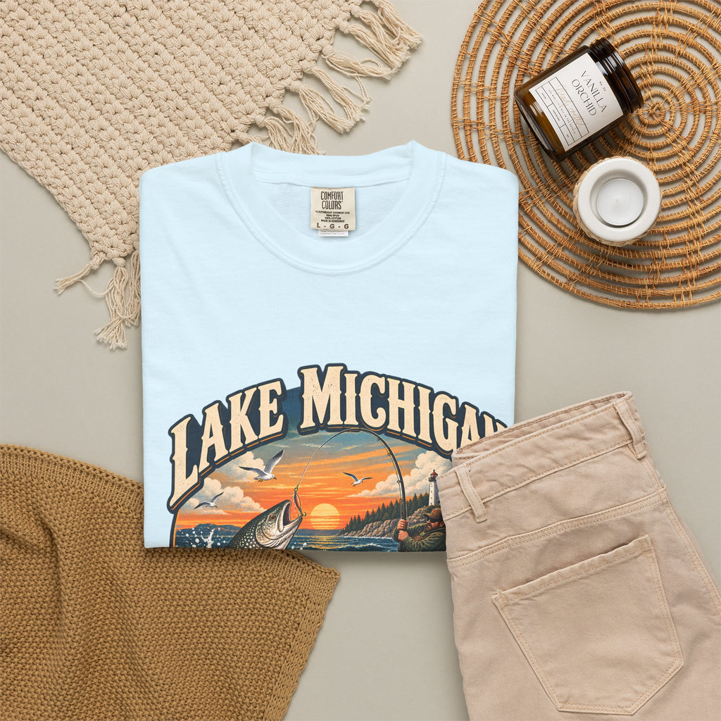 Comfort Colors® Lake Michigan Fishing T-Shirt, Great Lakes Angler Gift, Trout Fisherman Sunset Graphic Tee, Michigan Fishing Lover Shirt