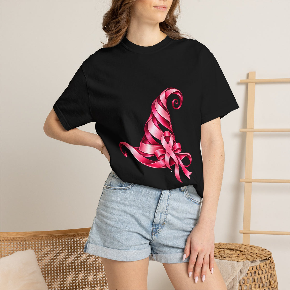 Comfort Colors® Pink Ribbon Witch Hat T-Shirt, Breast Cancer Awareness Gift, Halloween Survivor Support Tee, Pink October Witchy Shirt
