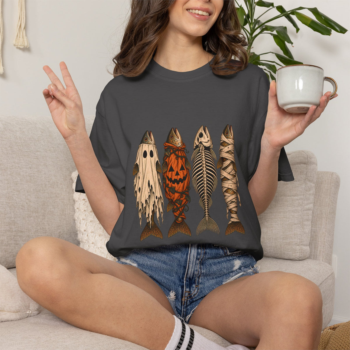 Comfort Colors® Halloween Fish T-Shirt, Spooky Fisherman Gift, Ghost Pumpkin Skeleton Fish Gift, Vintage Fishing Lover Graphic Tee