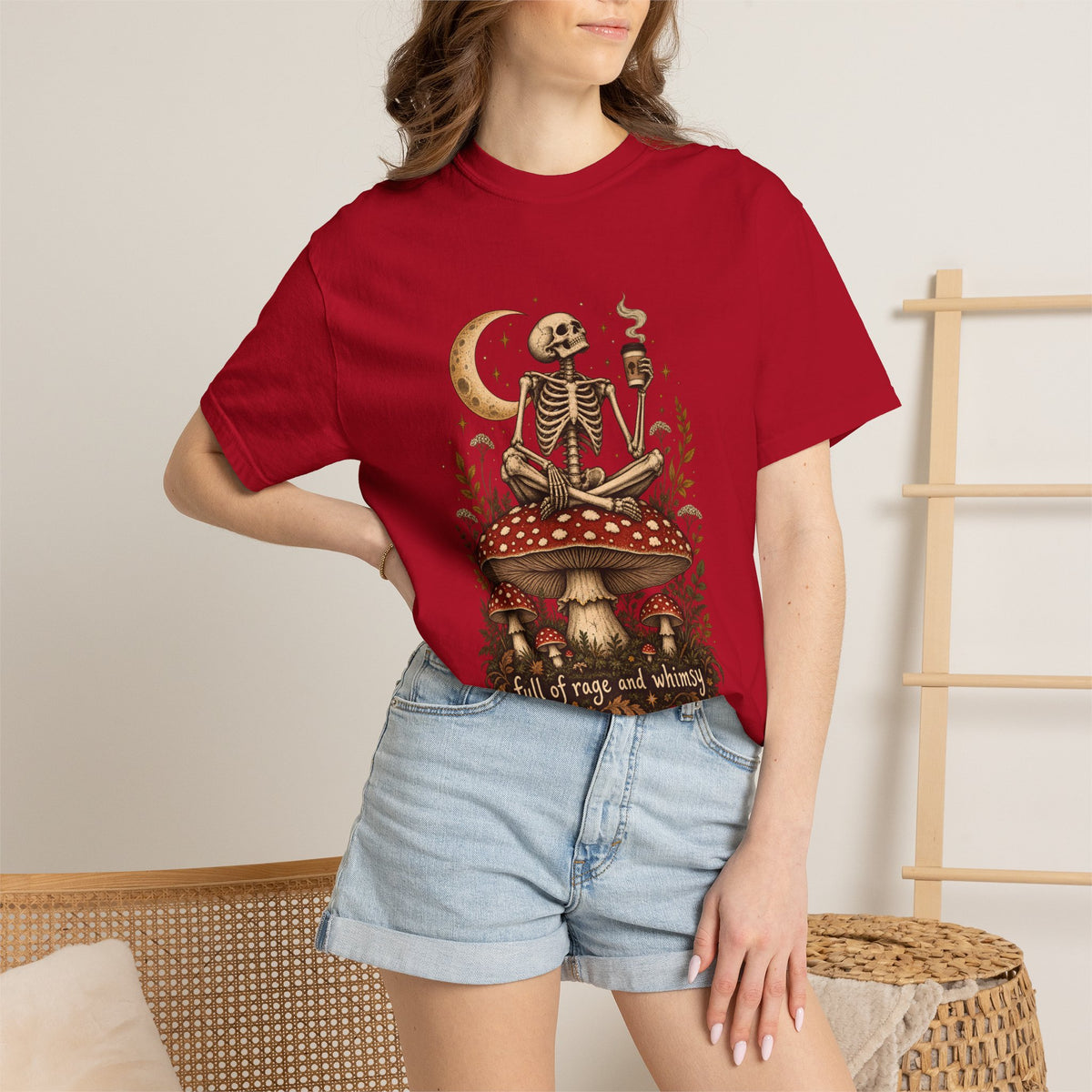 Comfort Colors® Full of Rage and Whimsy T-Shirt, Funny Skeleton Coffee Lover Gift, Cottagecore Mushroom Gothic Shirt, Dark Academia Shirt
