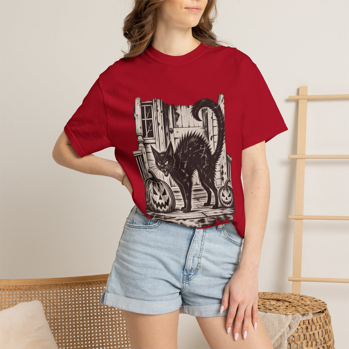 Comfort Colors® Vintage Black Cat Halloween T-Shirt, Spooky Cat Lover Gift, Retro Jack O Lantern Graphic Tee, Gothic Halloween Kitty Gift