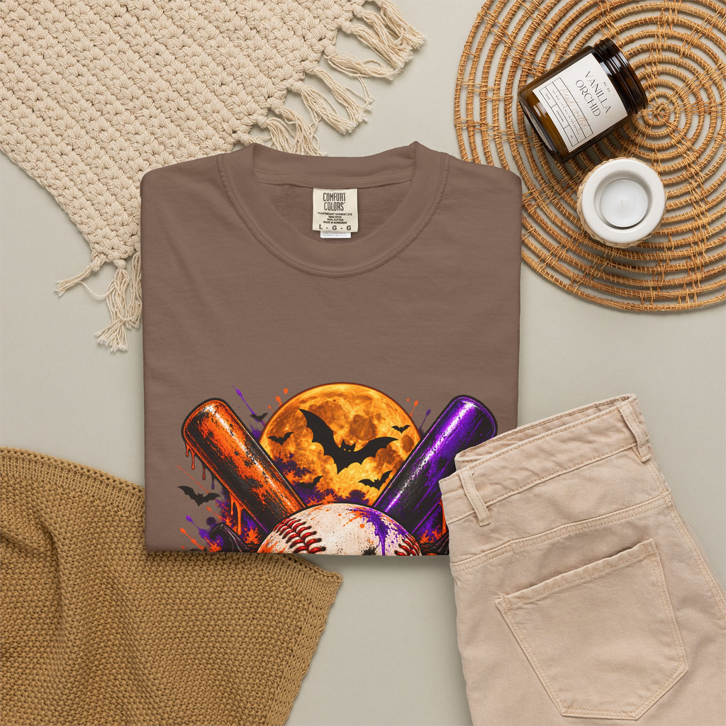 T-shirt de baseball Halloween Comfort Colors®, cadeau de joueur de baseball effrayant, t-shirt graphique pour amateur de baseball citrouille, t-shirt de fan de sport pour Halloween