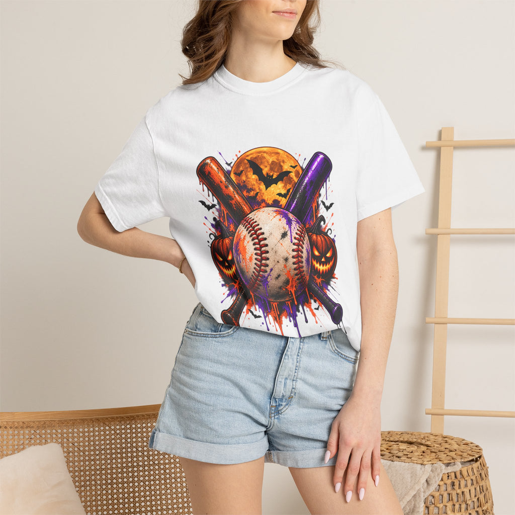 T-shirt de baseball Halloween Comfort Colors®, cadeau de joueur de baseball effrayant, t-shirt graphique pour amateur de baseball citrouille, t-shirt de fan de sport pour Halloween