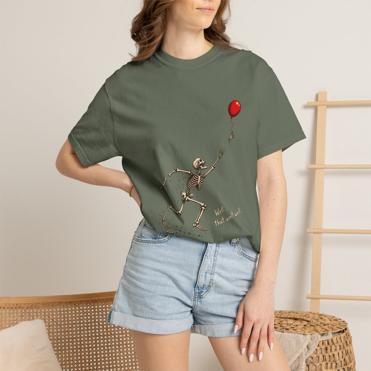 Comfort Colors® Well That Went Well T-Shirt, Funny Skeleton Halloween Gift, Red Balloon Dark Humor Gift, Vintage Spooky Skeleton Graphic Tee
