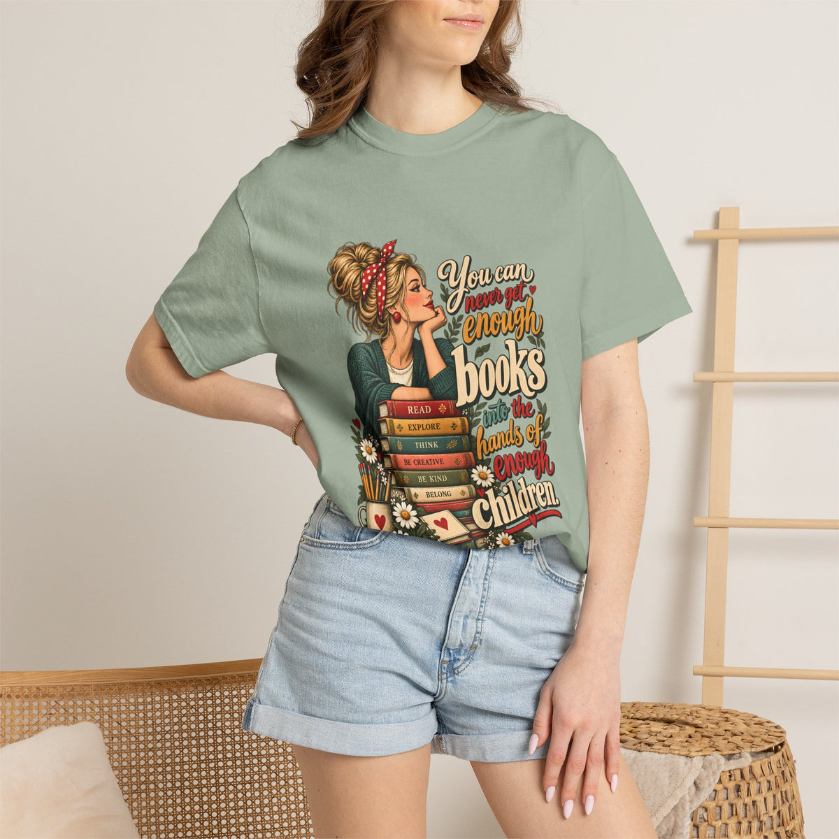 Comfort Colors® You Can Never Get Enough Books Into the Hands of Enough Children Shirt, Teacher Reading Gift, Book Lover Teacher Graphic Tee