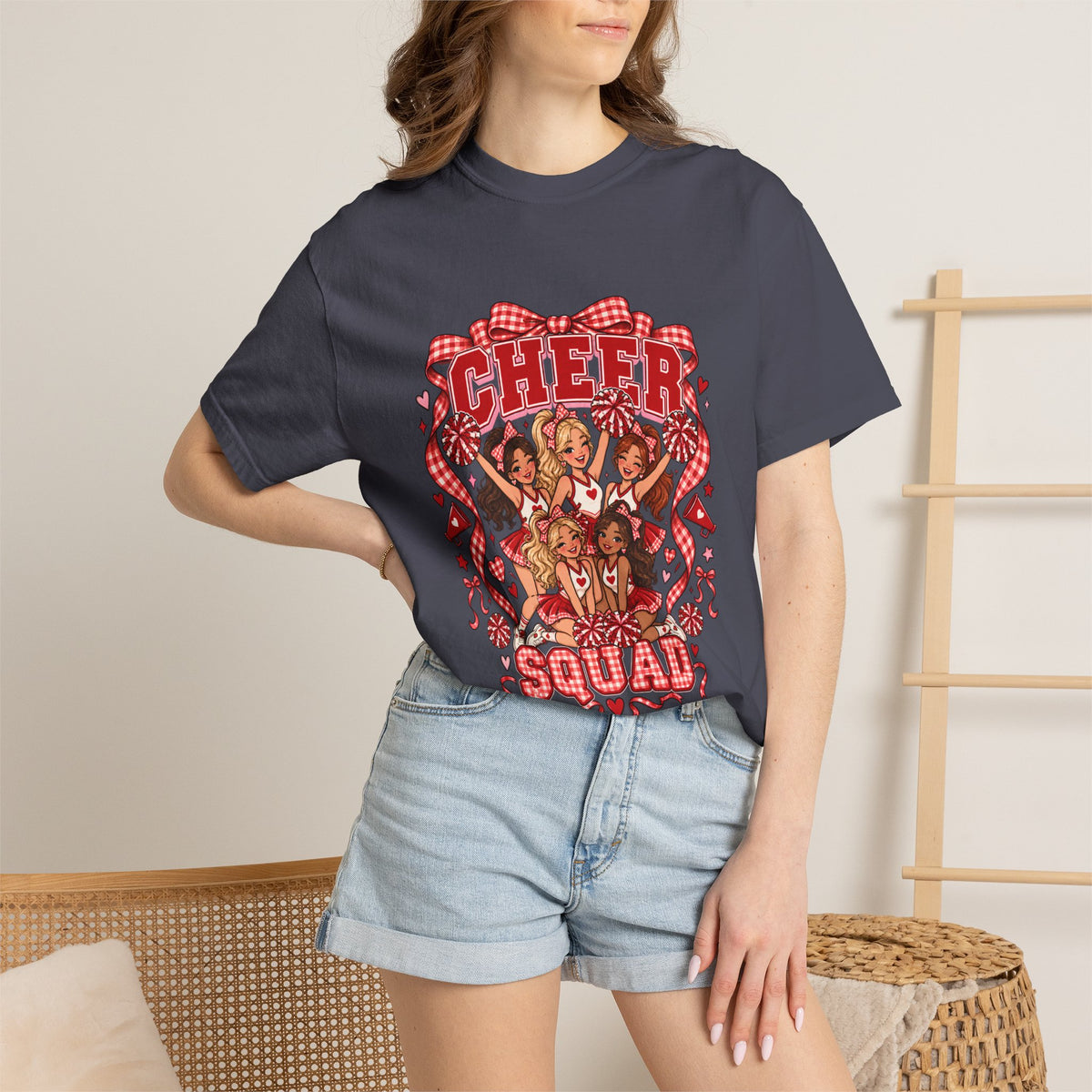 Comfort Colors® Cheer Squad T-Shirt, Red Gingham Bow Cheerleader Gift, Cute Cheer Team Spirit Graphic Tee, Cheerleading Girls Coach Gift
