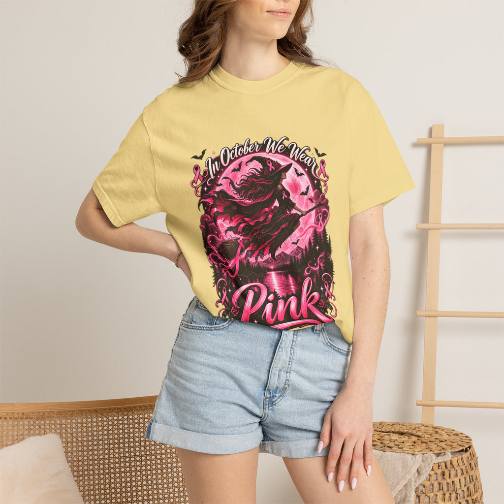 Comfort Colors® In October We Wear Pink T-Shirt, Breast Cancer Awareness Witch Gift, Pink Ribbon Halloween, Spooky Survivor Support Shirt