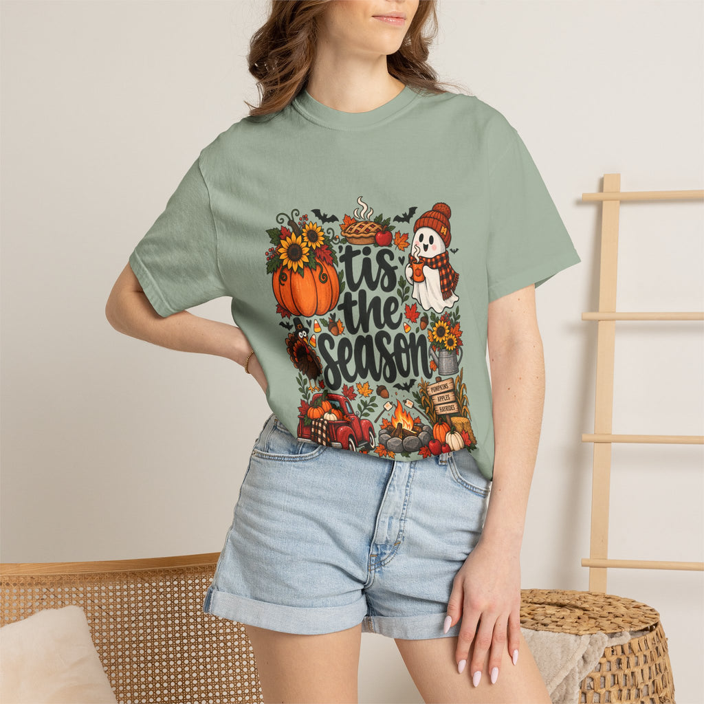 T-shirt Comfort Colors® « Tis the Season », cadeau pour amateur de citrouilles, t-shirt pour l'automne, Thanksgiving et Halloween, t-shirt douillet pour la saison des récoltes pour femmes