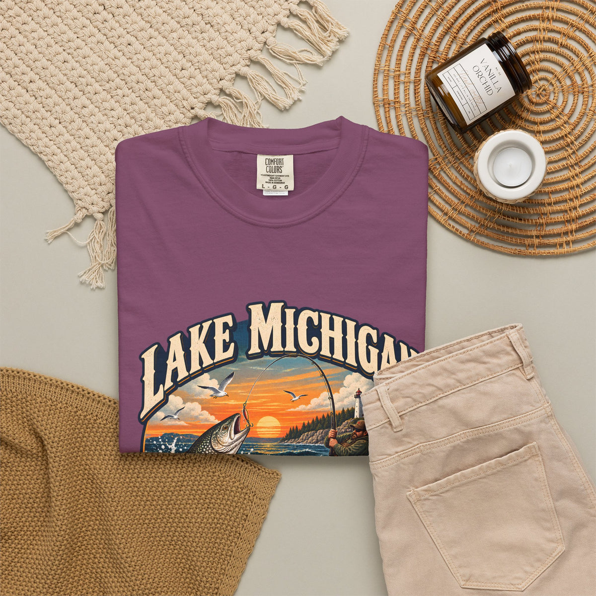 Comfort Colors® Lake Michigan Fishing T-Shirt, Great Lakes Angler Gift, Trout Fisherman Sunset Graphic Tee, Michigan Fishing Lover Shirt
