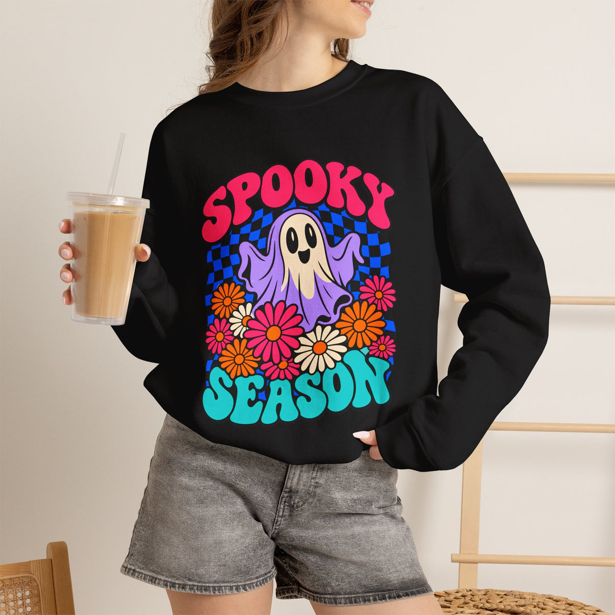 Spooky Season ghost floral Sweatshirt, Cute Ghost Halloween Gift, Colorful Floral Ghost Graphic Tee, Spooky Season Lover Gift