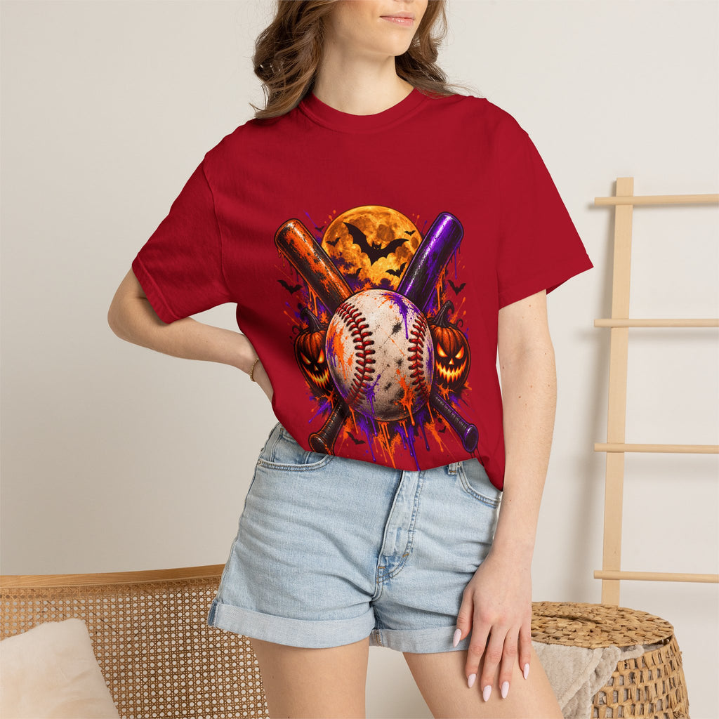 T-shirt de baseball Halloween Comfort Colors®, cadeau de joueur de baseball effrayant, t-shirt graphique pour amateur de baseball citrouille, t-shirt de fan de sport pour Halloween