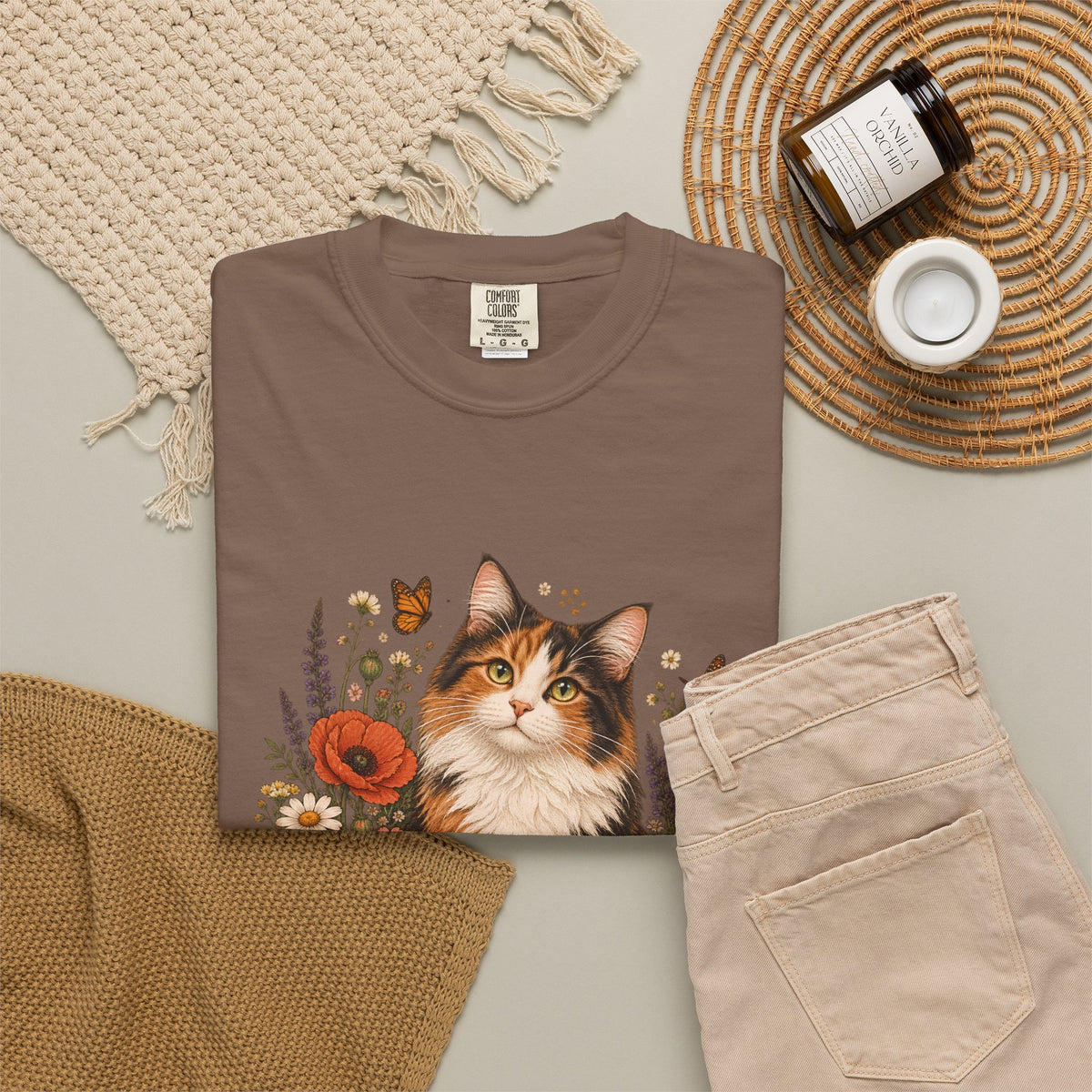 Comfort Colors® Calico Cat Wildflower T-Shirt, Floral Cat Lover Gift, Cottagecore Kitty Butterfly Graphic Tee, Vintage Garden Cat Mom Shirt