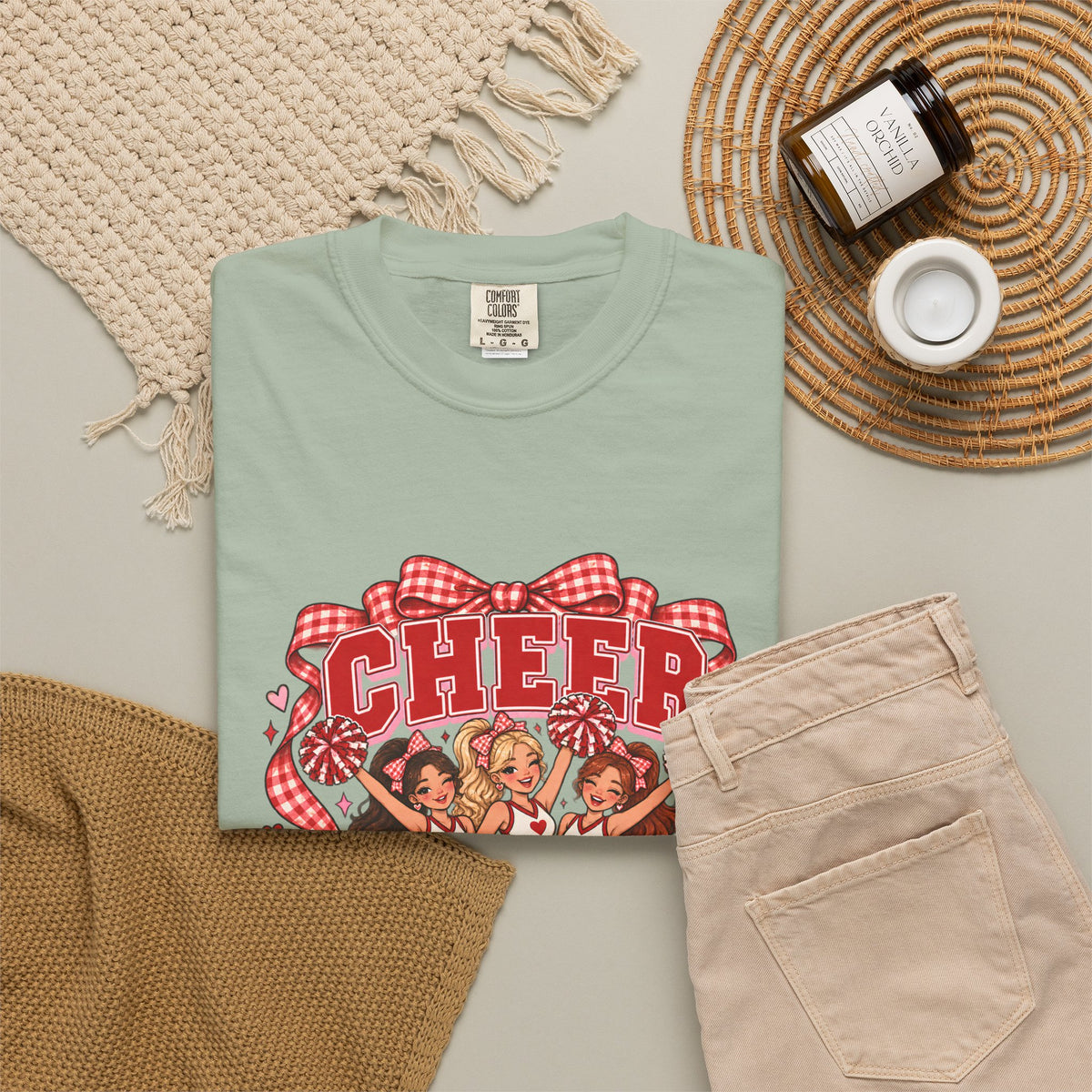 Comfort Colors® Cheer Squad T-Shirt, Red Gingham Bow Cheerleader Gift, Cute Cheer Team Spirit Graphic Tee, Cheerleading Girls Coach Gift