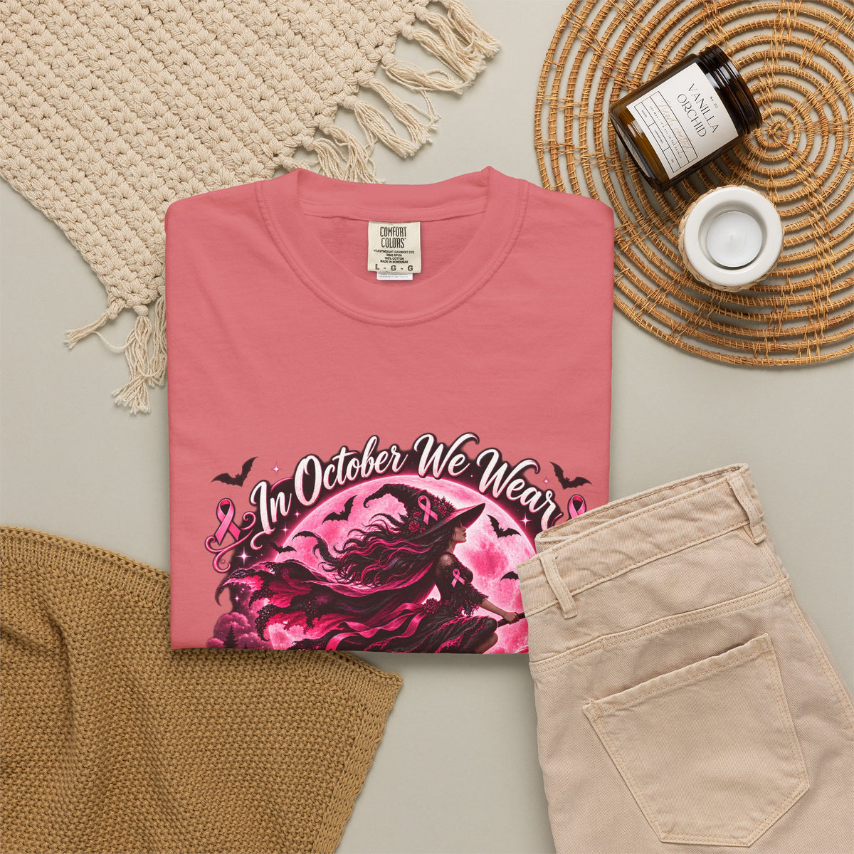 Comfort Colors® In October We Wear Pink T-Shirt, Breast Cancer Awareness Witch Gift, Pink Ribbon Halloween, Spooky Survivor Support Shirt