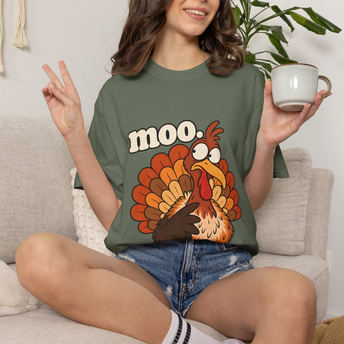 Comfort Colors® Moo Turkey T-Shirt, Funny Thanksgiving Turkey Gift, Cute Cartoon Turkey Lover Gift, Thanksgiving Dinner Graphic Tee