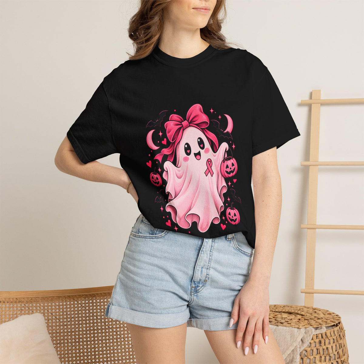 Comfort Colors® Pink Ribbon Ghost T-Shirt, Breast Cancer Awareness Halloween Gift, Cute Spooky Survivor Support Shirt, Pink October Shirt