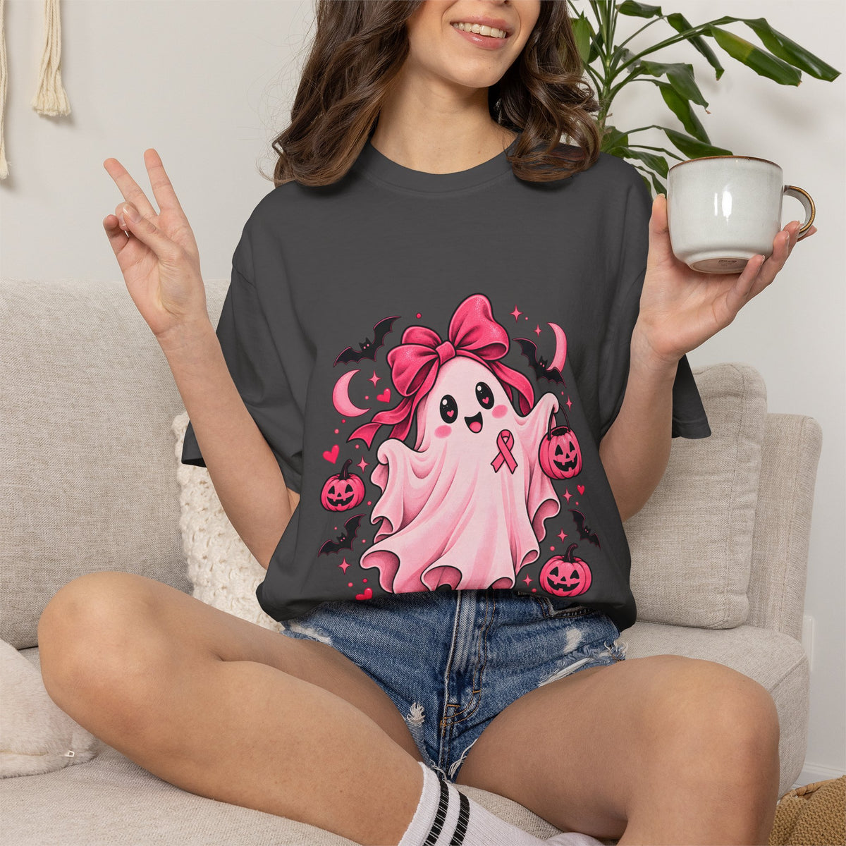 Comfort Colors® Pink Ribbon Ghost T-Shirt, Breast Cancer Awareness Halloween Gift, Cute Spooky Survivor Support Shirt, Pink October Shirt
