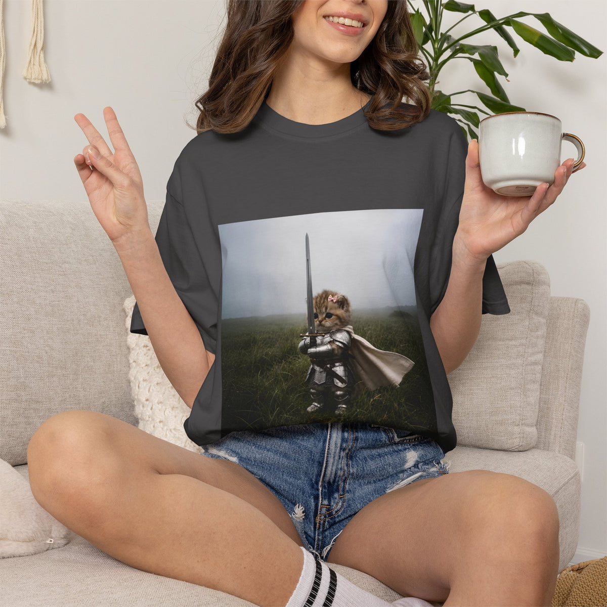 Comfort Colors® Knight Cat with Vintage T-shirt, Meme Kitten T-shirt, Funny Medieval Cat Tee, Cat Lover Gift