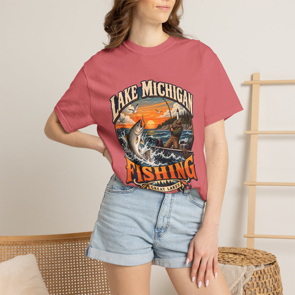 Comfort Colors® Lake Michigan Fishing T-Shirt, Great Lakes Angler Gift, Trout Fisherman Sunset Graphic Tee, Michigan Fishing Lover Shirt