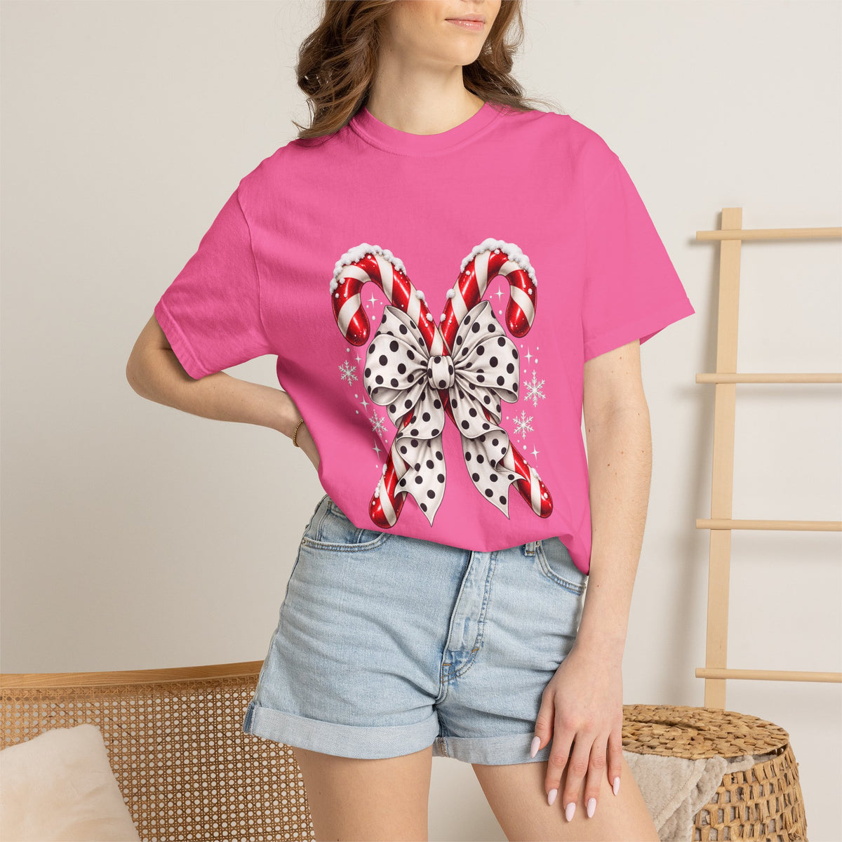 Comfort Colors® Candy Cane Bow T-Shirt, Coquette Christmas Lover Gift, Candy Cane Coquette Shirt, Cute Festive Candy Cane Gift for Her