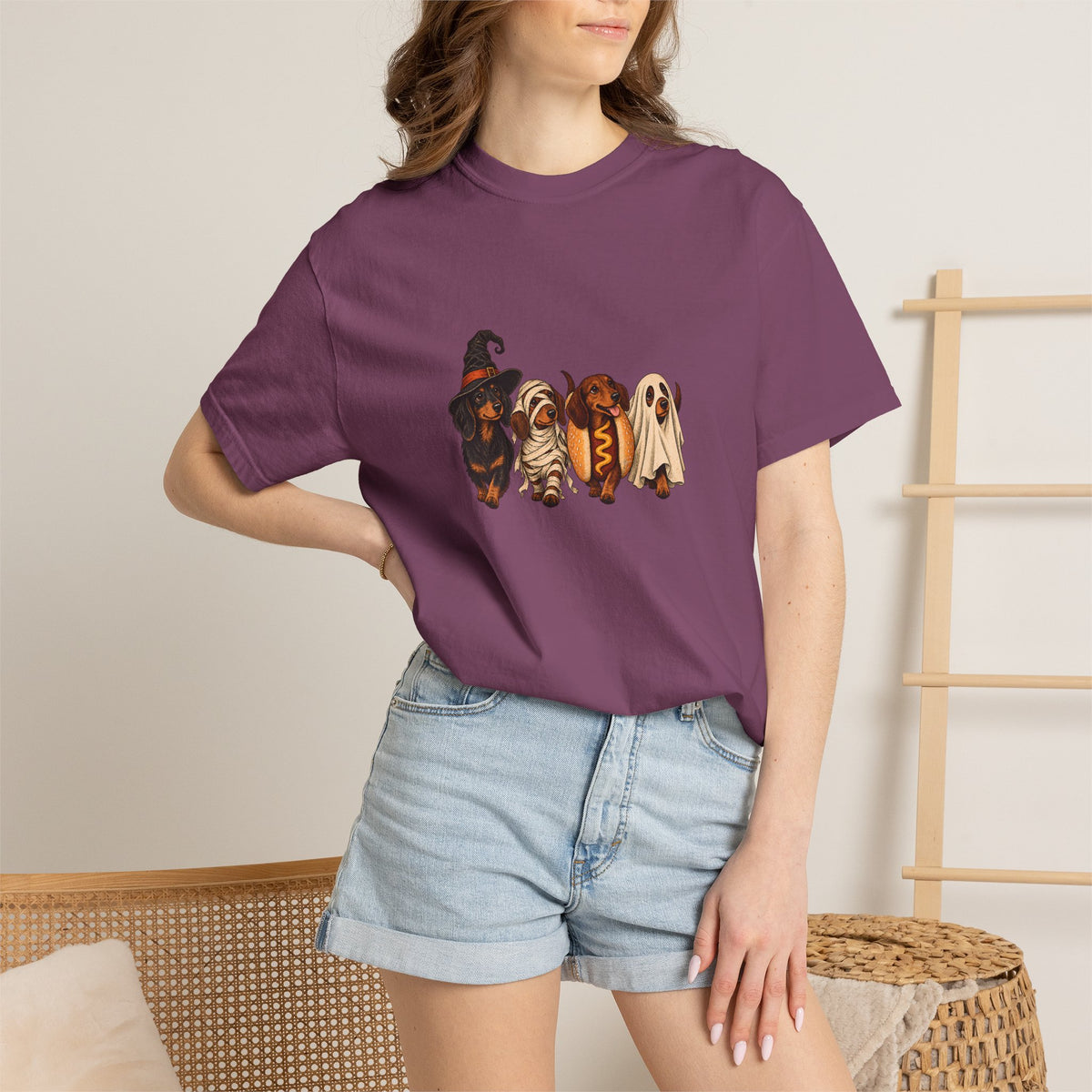 Comfort Colors® Halloween Dachshund T-Shirt, Spooky Wiener Dog Lover Gift, Cute Sausage Dog Costume Shirt, Doxie Halloween Pet Mom Shirt