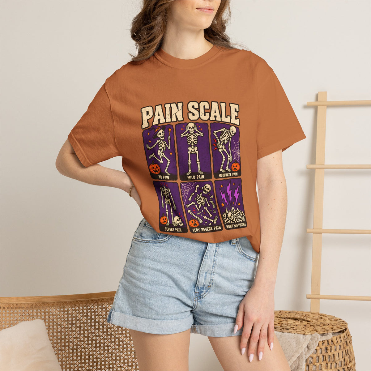Comfort Colors® Pain Scale Skeleton T-Shirt, Funny Halloween Skeleton Gift, Spooky Medical Humor Gift, Nurse Doctor Halloween Graphic Tee