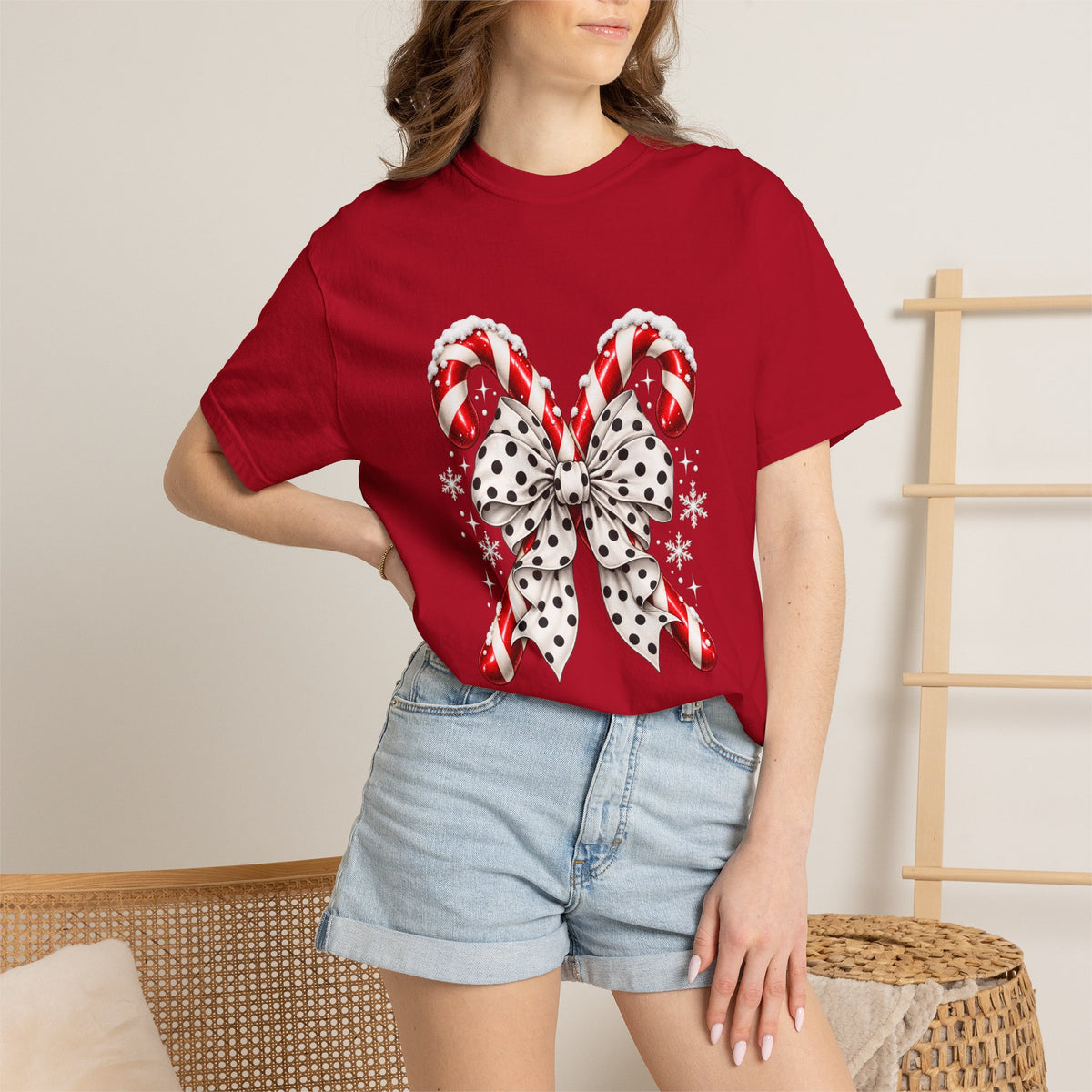Comfort Colors® Candy Cane Bow T-Shirt, Coquette Christmas Lover Gift, Candy Cane Coquette Shirt, Cute Festive Candy Cane Gift for Her