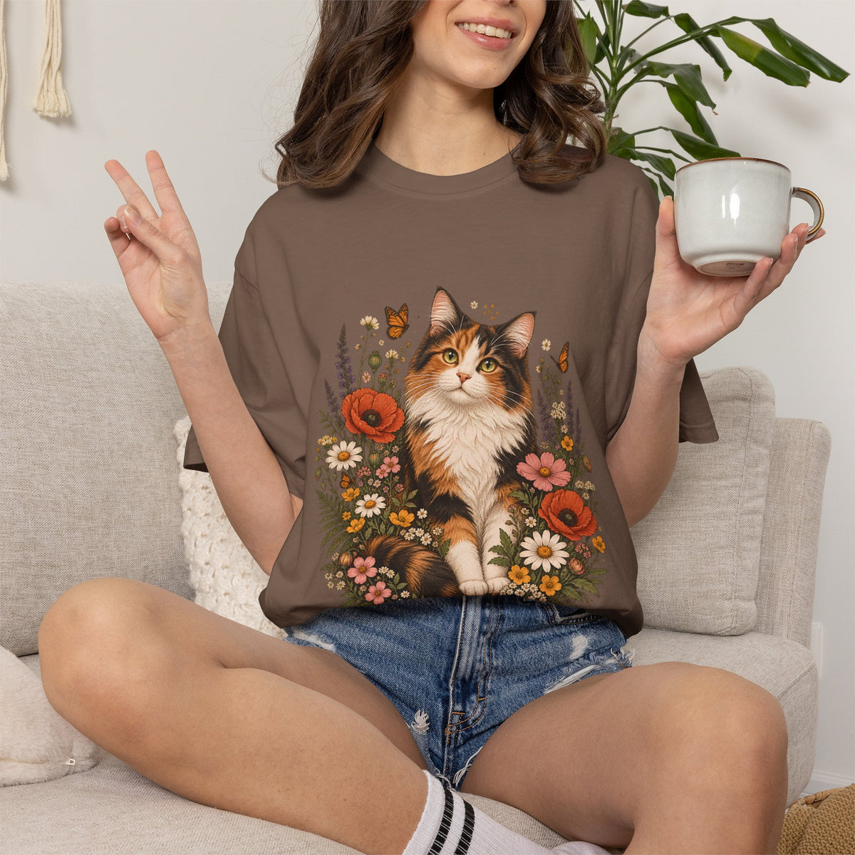 Comfort Colors® Calico Cat Wildflower T-Shirt, Floral Cat Lover Gift, Cottagecore Kitty Butterfly Graphic Tee, Vintage Garden Cat Mom Shirt
