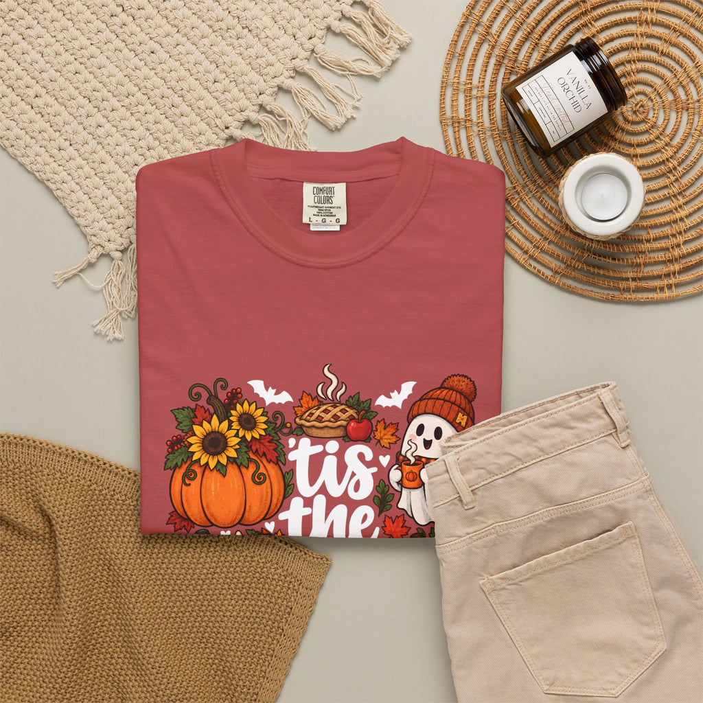 T-shirt Comfort Colors® « Tis the Season », cadeau pour amateur de citrouilles, t-shirt pour l'automne, Thanksgiving et Halloween, t-shirt douillet pour la saison des récoltes pour femmes