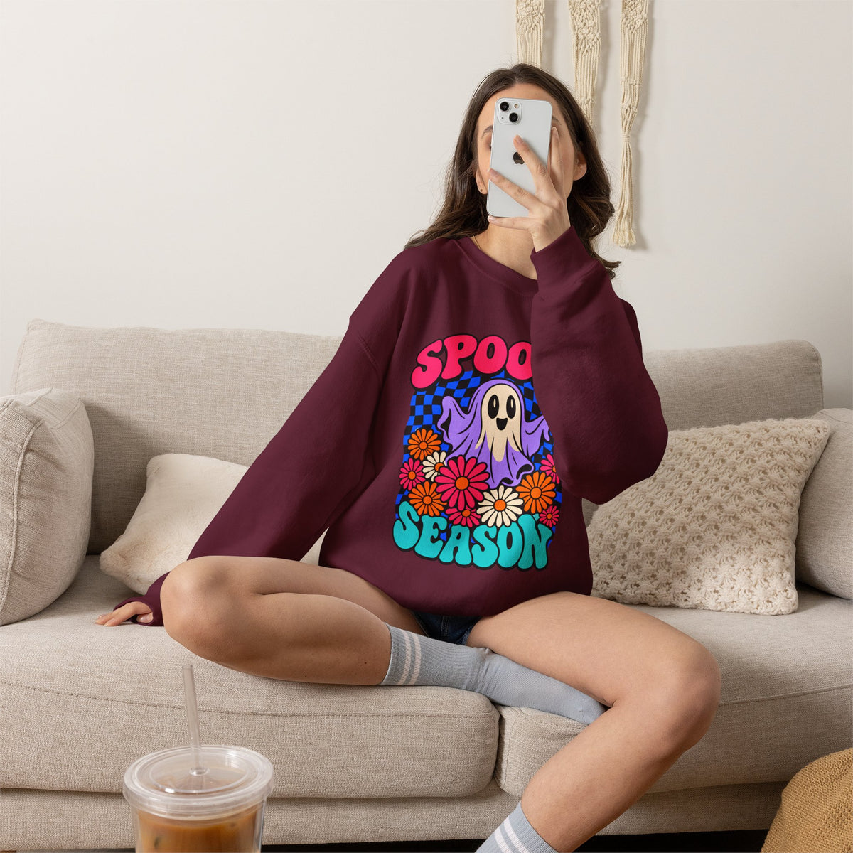 Spooky Season ghost floral Sweatshirt, Cute Ghost Halloween Gift, Colorful Floral Ghost Graphic Tee, Spooky Season Lover Gift