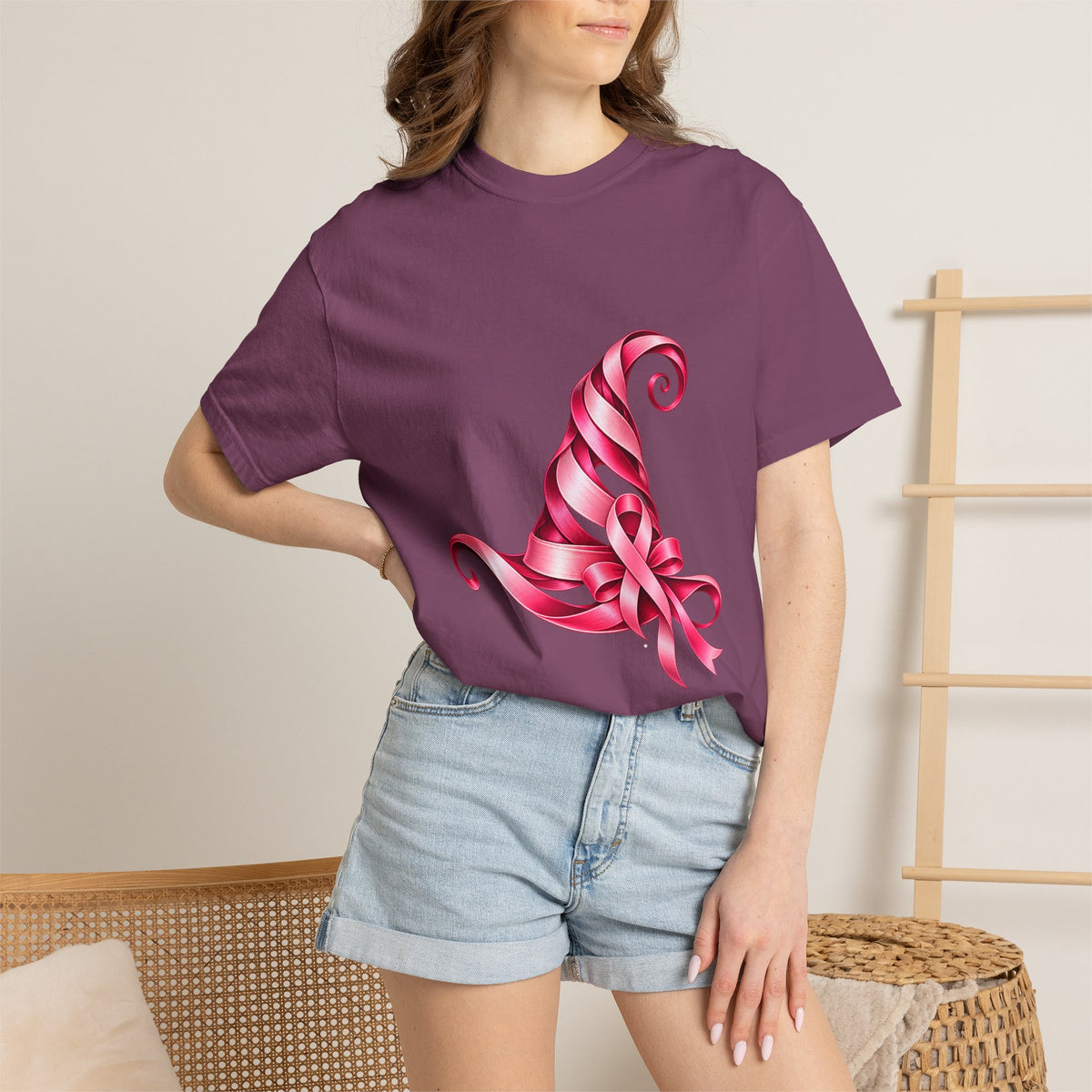 Comfort Colors® Pink Ribbon Witch Hat T-Shirt, Breast Cancer Awareness Gift, Halloween Survivor Support Tee, Pink October Witchy Shirt