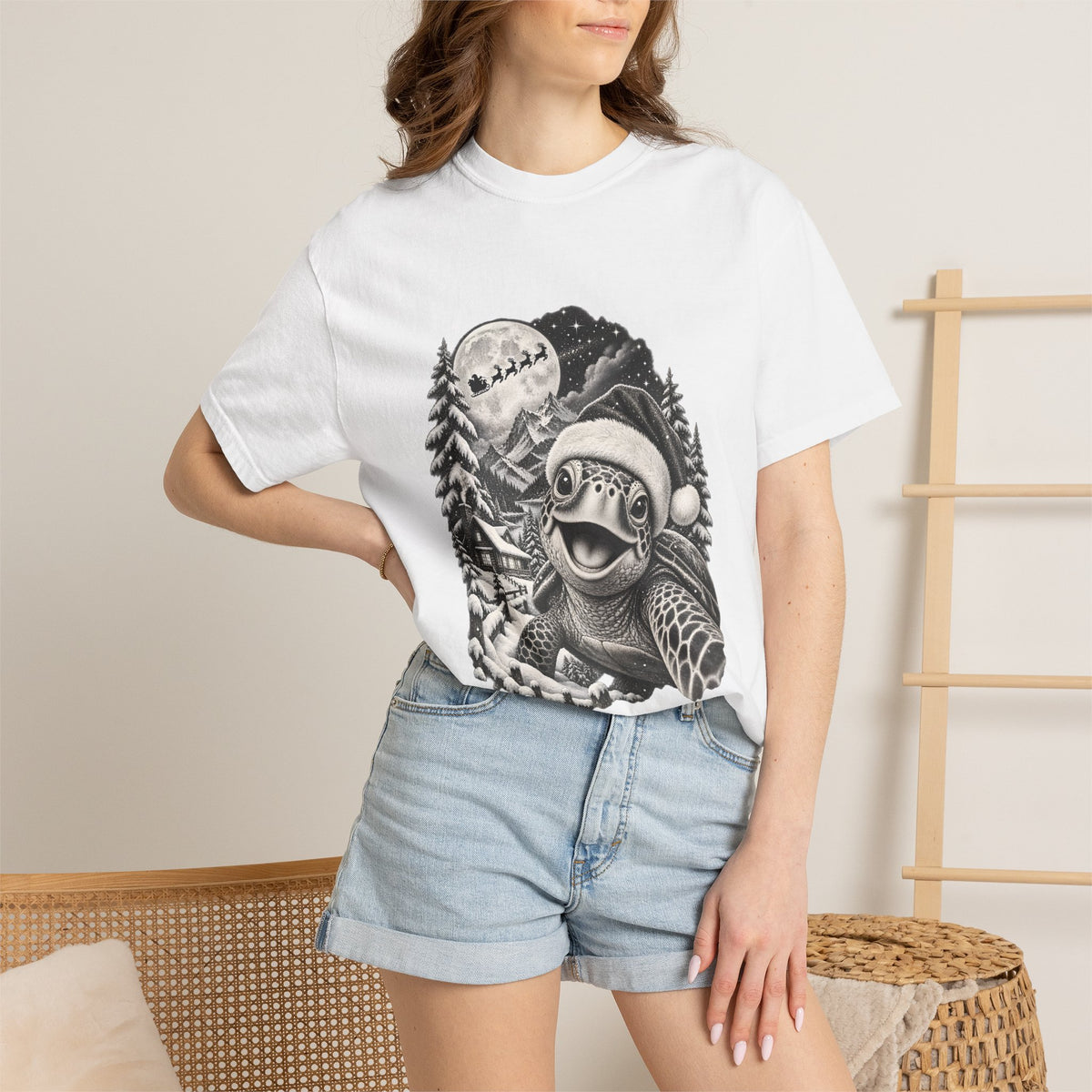 Comfort Colors® Christmas Turtle T-Shirt, Cute Sea Turtle Lover Gift, Funny Santa Hat Turtle Christmas Gift, Winter Ocean Animal Graphic Tee