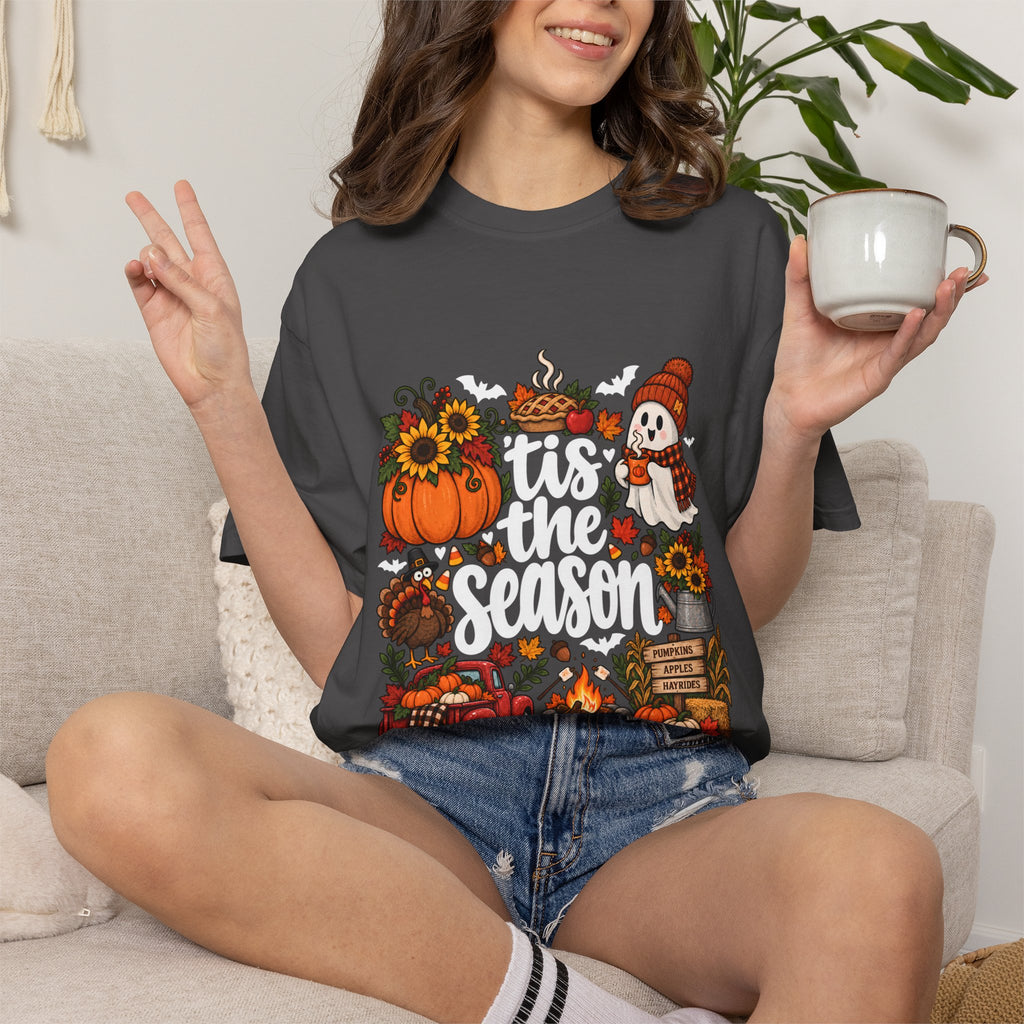 T-shirt Comfort Colors® « Tis the Season », cadeau pour amateur de citrouilles, t-shirt pour l'automne, Thanksgiving et Halloween, t-shirt douillet pour la saison des récoltes pour femmes